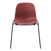 "Modern chair in deep burgundy with a minimalist design and sleek black metal legs."