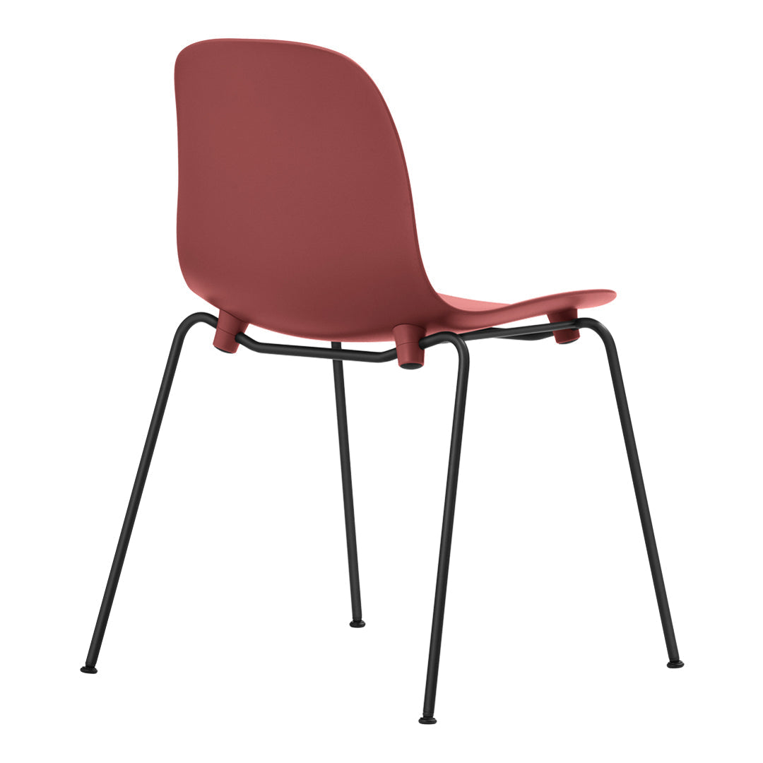 "Minimalist chair in deep red with a smooth finish and sleek black metal legs, perfect for modern decor."