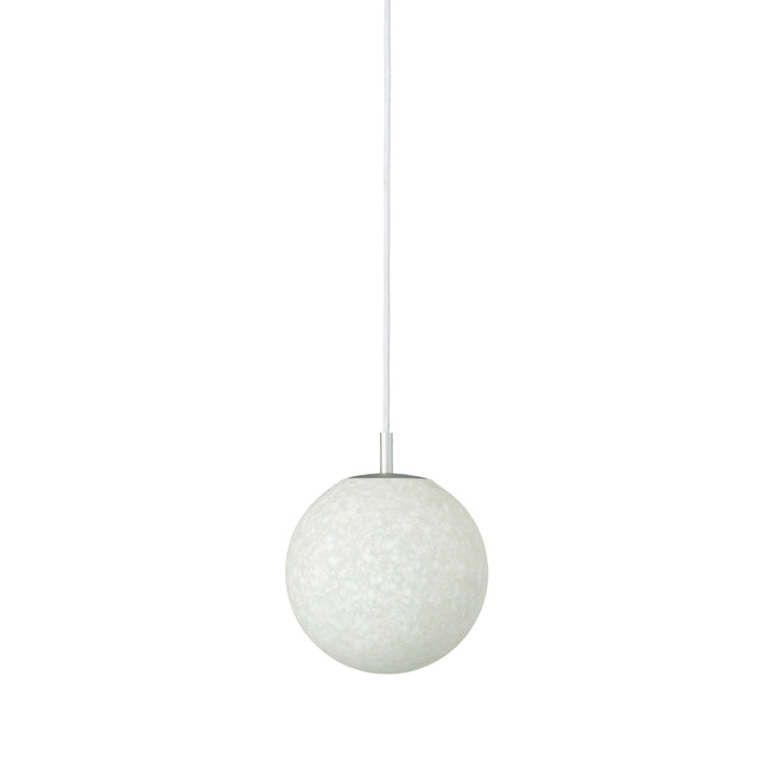 White spherical pendant light with a textured finish, complemented by a simple white cord. Ideal for modern decor.