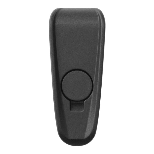 Black plastic product with a smooth matte finish and a circular button detail.