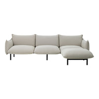 Beige sectional sofa with a smooth fabric texture and clean, minimalist design; perfect for modern living spaces.