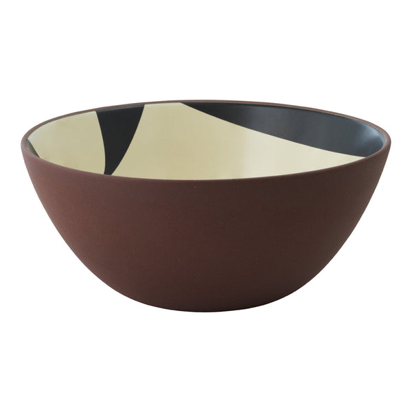 Brown ceramic bowl with geometric patterns in black and cream on the interior. Modern design perfect for any table.