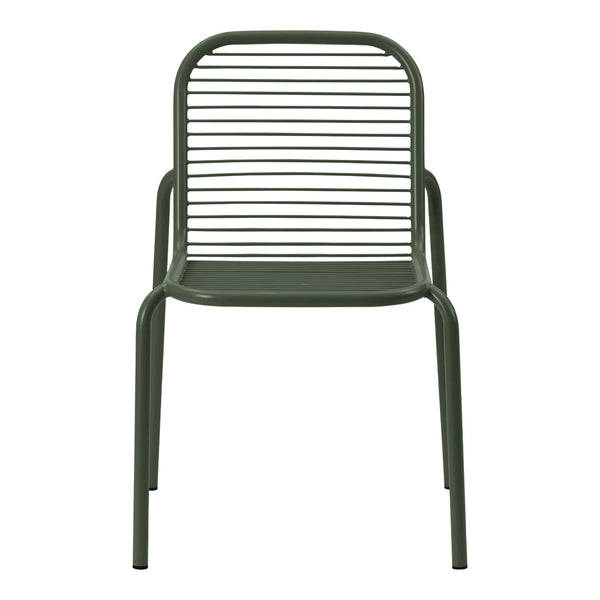 Green metallic chair with a sleek, horizontal striped pattern on the backrest and seat. Perfect for modern decor.