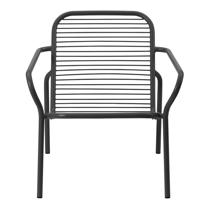 Black metal chair with a minimalist design, featuring horizontal striped patterns and open armrests.
