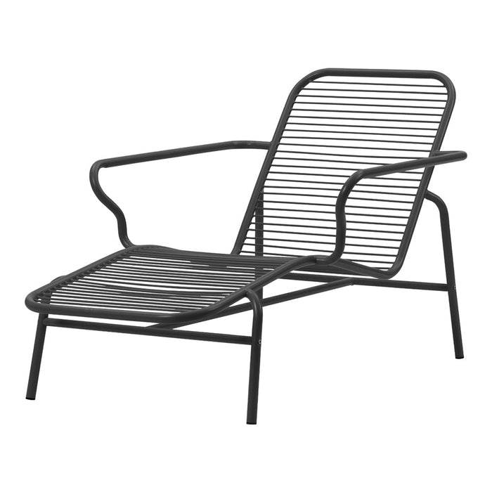 Black striped metal lounge chair with a modern design, perfect for outdoor or indoor settings.