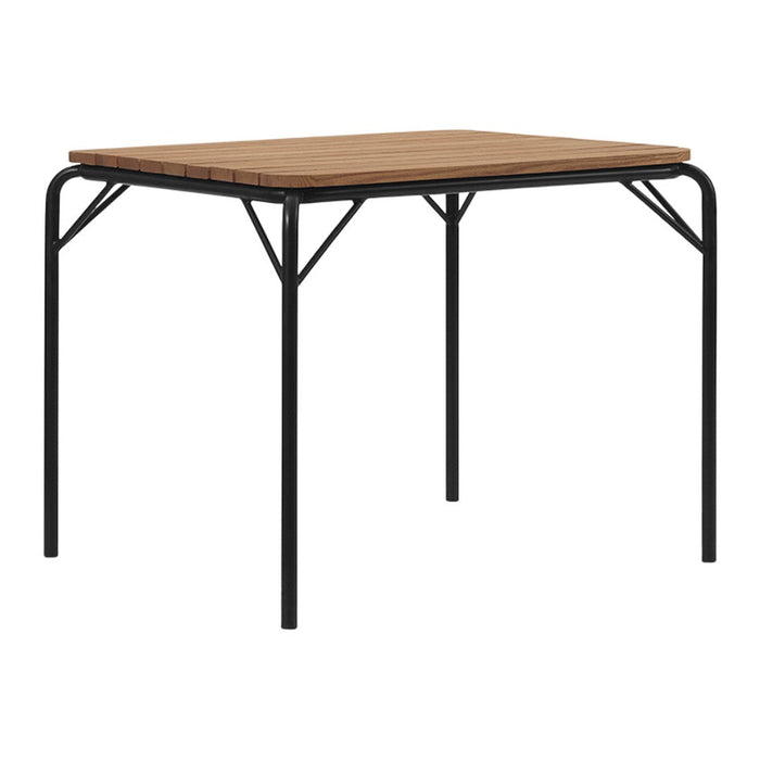 Brown wood top table with black metal legs, featuring a sleek, modern design. Perfect for contemporary spaces.