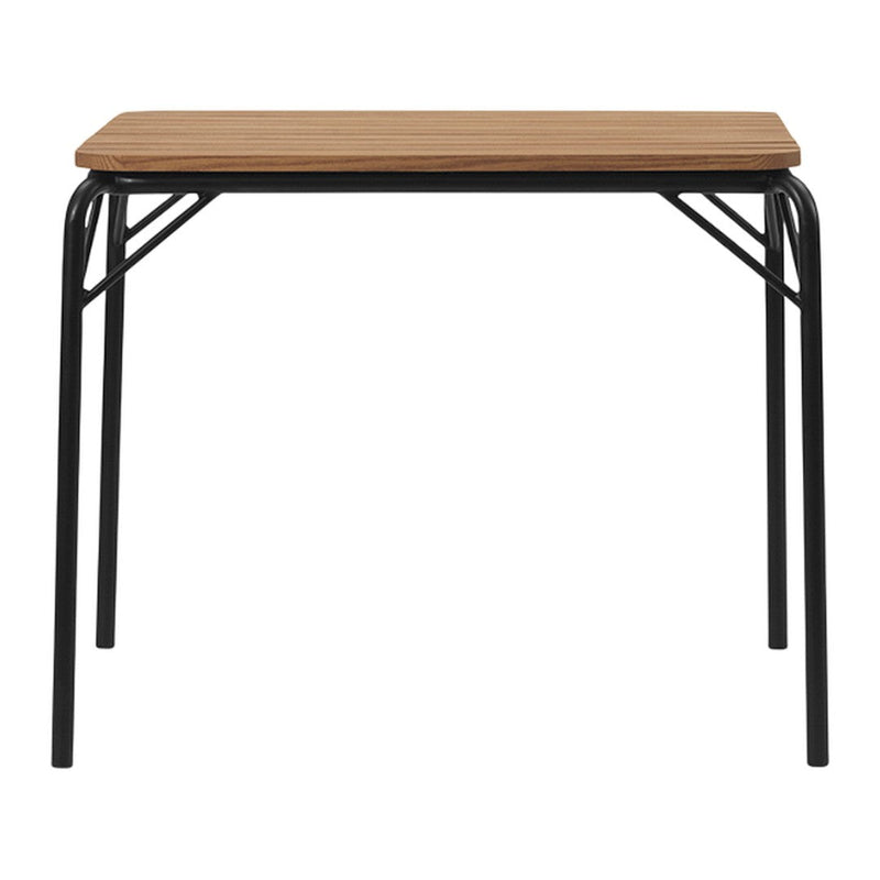 Light brown wooden tabletop with a smooth finish, supported by sleek black metal legs. Modern and minimalist design.