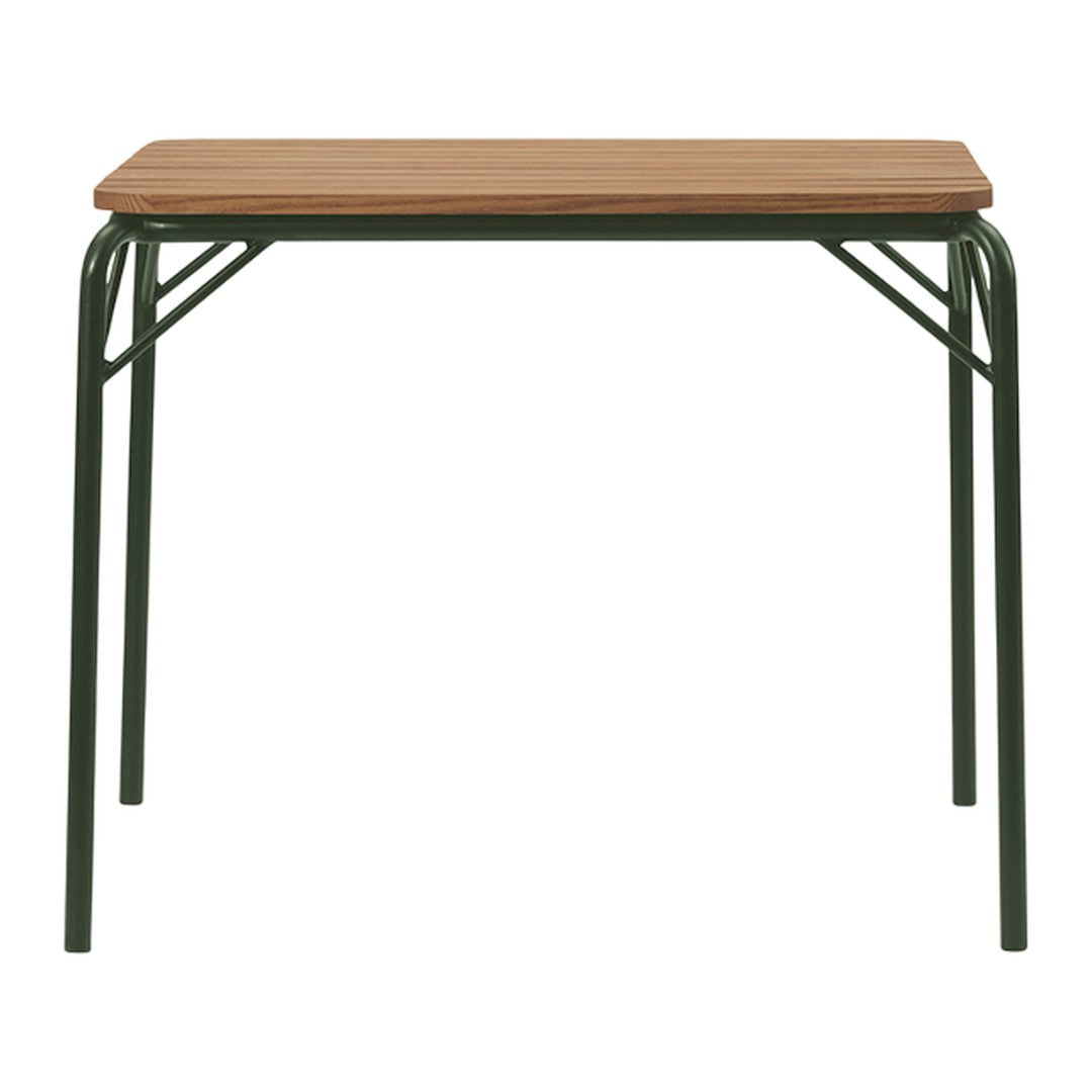 Wooden tabletop with natural finish, supported by dark green metal legs. Simple and modern design.
