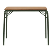 Wooden tabletop with natural finish, supported by dark green metal legs. Simple and modern design.