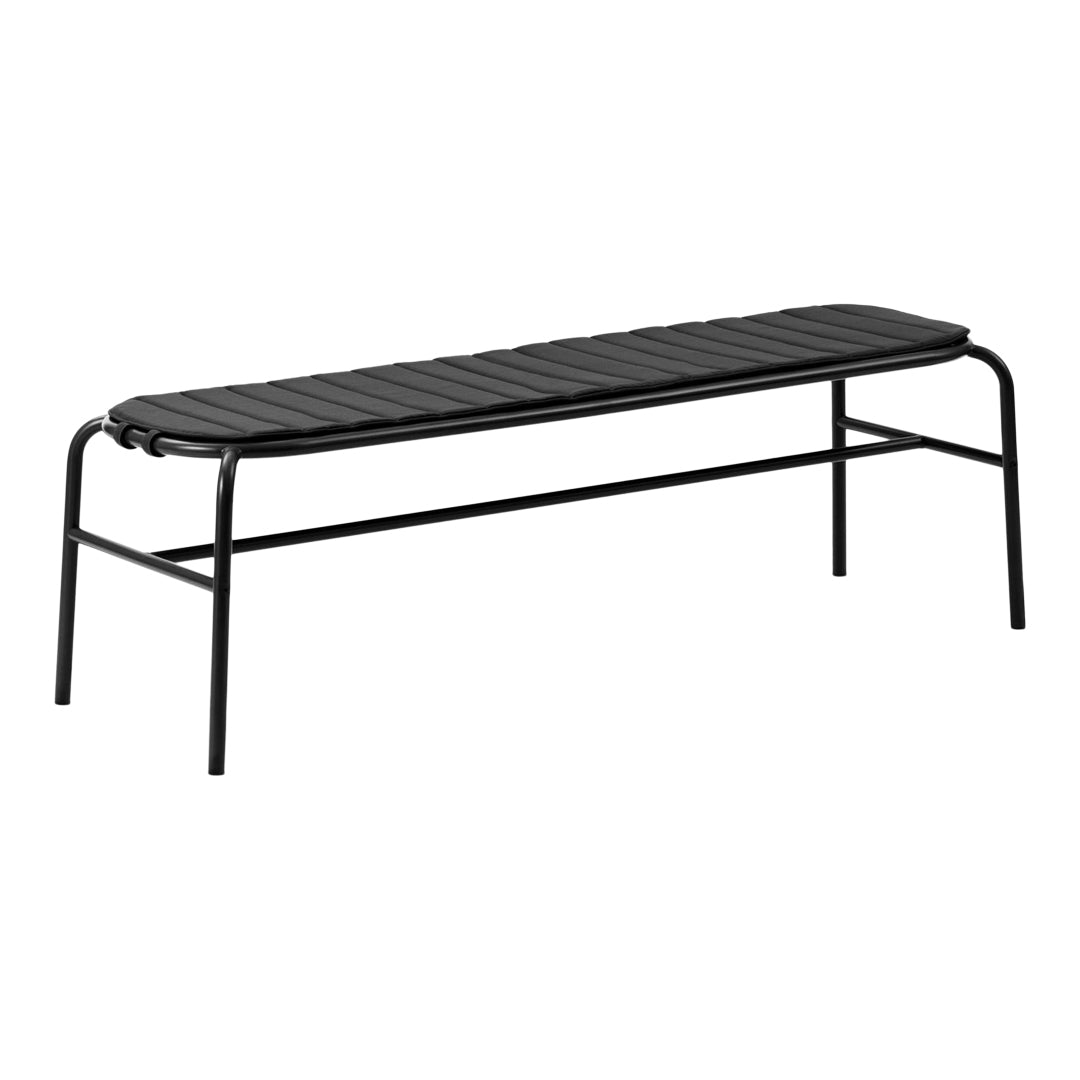 Black slatted bench with a sleek metal frame, featuring a minimalist design perfect for modern decor.