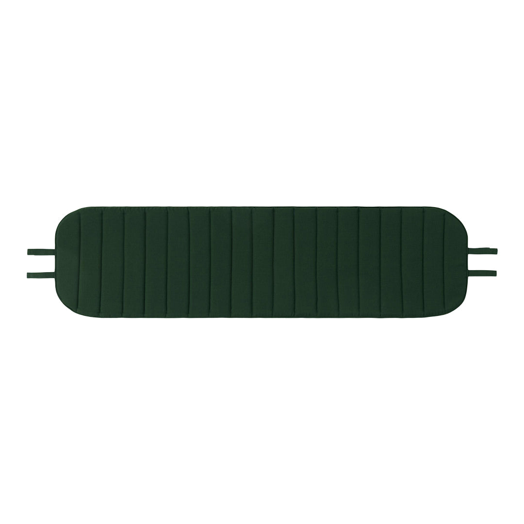 Dark green striped outdoor cushion with two ties for secure fastening. Ideal for patio or garden seating.