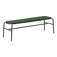 Green slatted bench with a sleek design and sturdy metal frame, perfect for outdoor or indoor use.