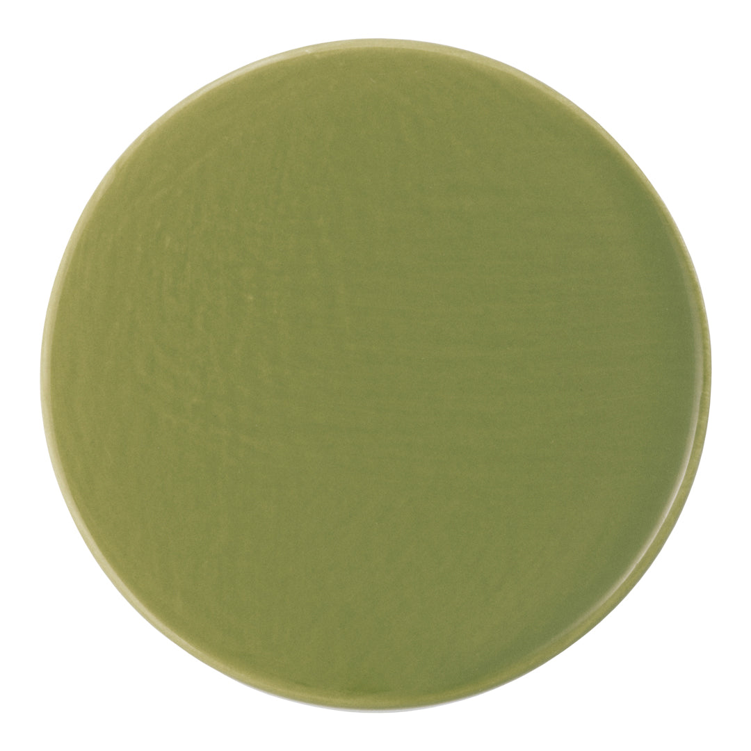 Round, olive green ceramic plate with a smooth, glossy finish. Ideal for stylish dining and serving.