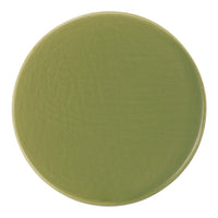 Round, olive green ceramic plate with a smooth, glossy finish. Ideal for stylish dining and serving.