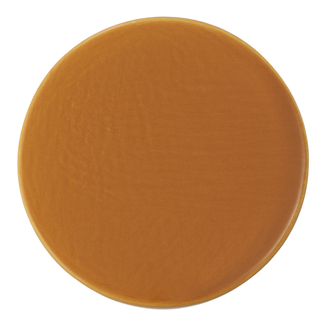 Round, smooth ceramic plate in a warm caramel brown color with a glossy finish. Perfect for modern table settings.