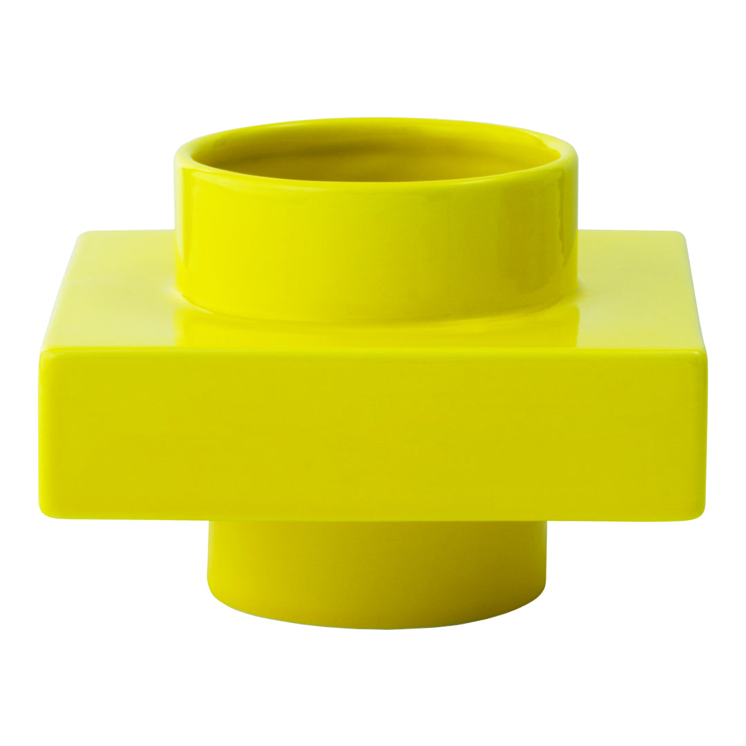Bright yellow ceramic vase with a modern square design and glossy finish. Perfect for vibrant decor.