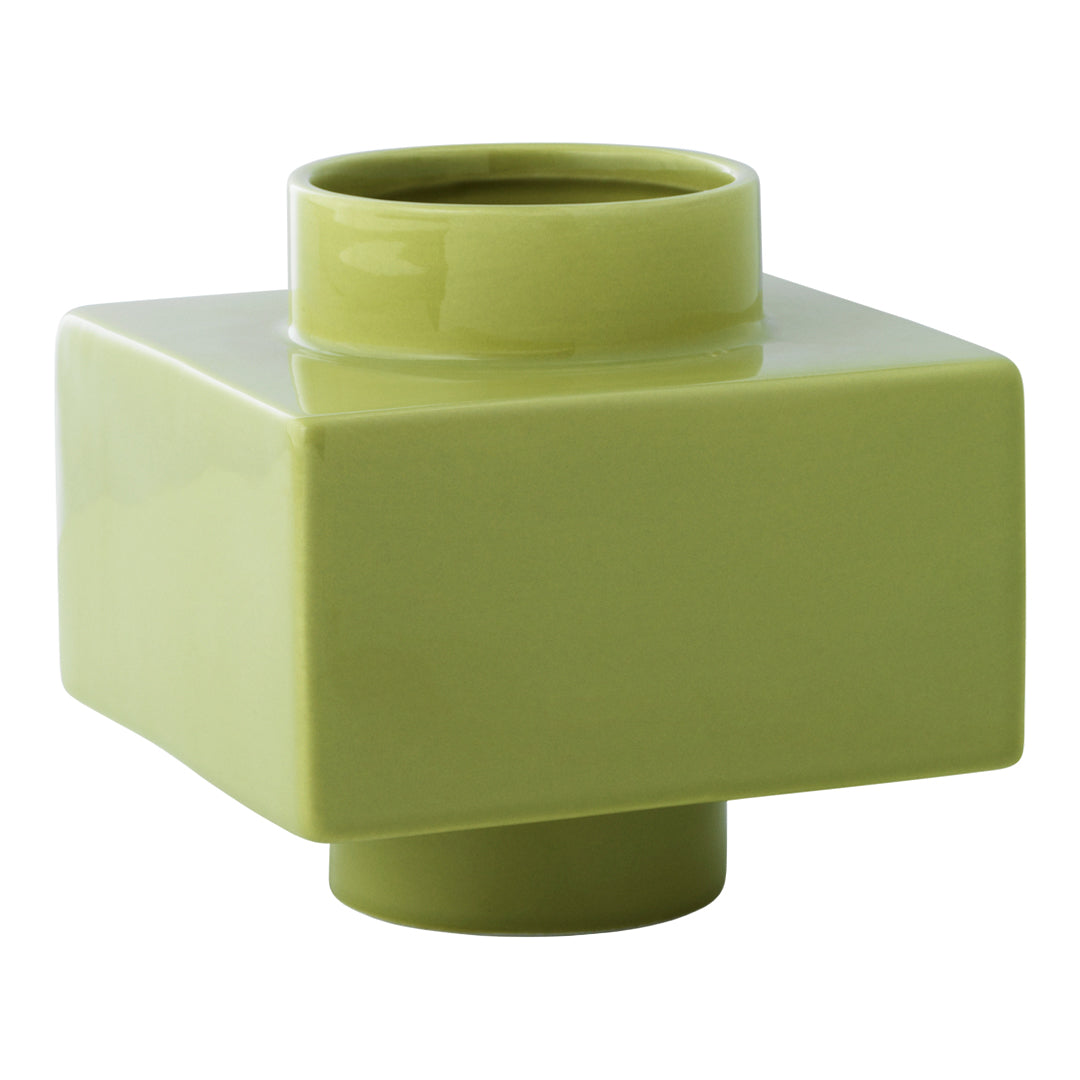 Square ceramic vase in vibrant lime green with a glossy finish and modern design. Perfect for adding a pop of color.