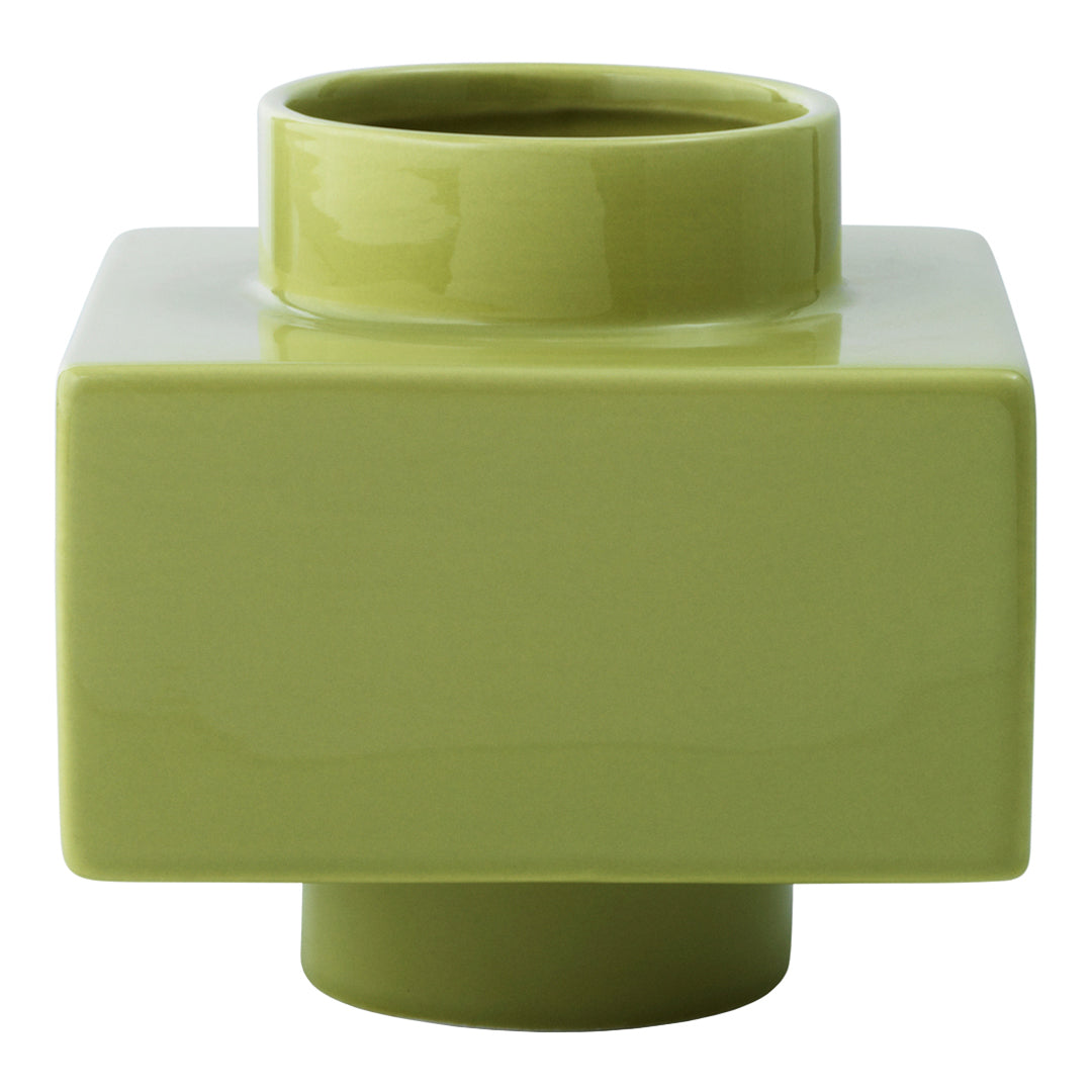 "Glossy green square vase with a minimalist design and smooth finish."