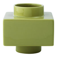"Glossy green square vase with a minimalist design and smooth finish."