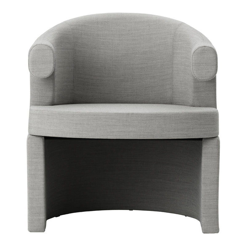 Gray upholstered chair with a smooth texture and rounded armrests, adding modern elegance to any space.
