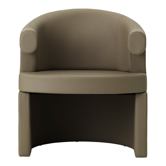 Stylish round chair in soft taupe with smooth texture and minimalistic design, perfect for modern decor.