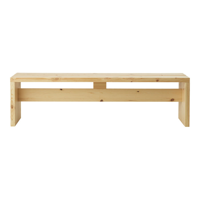 Natural wood bench with a light, unfinished pine color and sleek, minimal design. Perfect for modern decor.