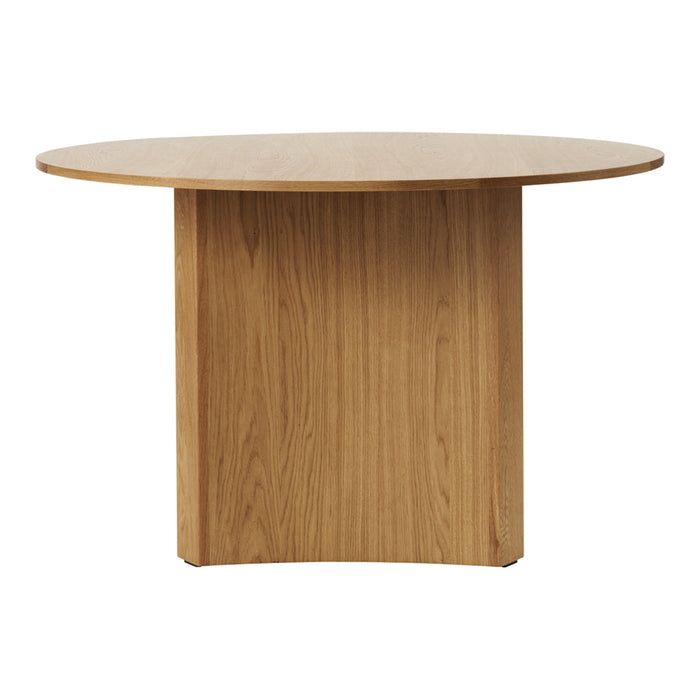 Natural wood round table with a smooth light oak finish and minimalist design. Soft, neutral tones enhance any decor.