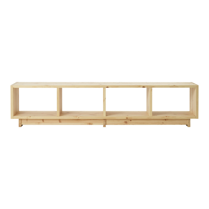 Natural wood TV stand with a light beige finish and minimalist design, featuring four open compartments.