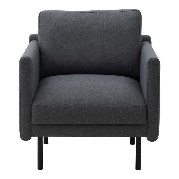 Gray upholstered armchair with clean lines and minimalist design, featuring a textured fabric and sturdy black legs.