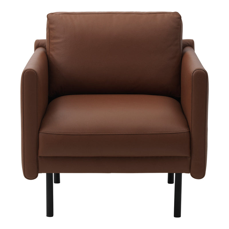 Brown leather armchair with a sleek modern design and black metal legs, perfect for contemporary interiors.