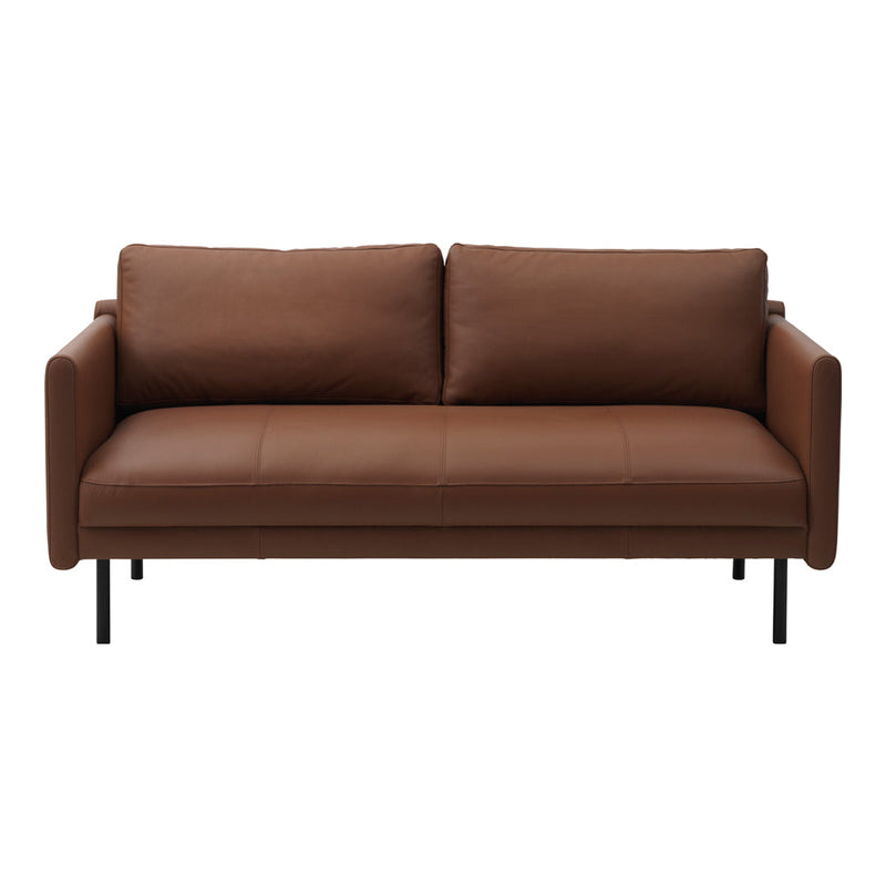 Brown leather sofa with a smooth finish and black metal legs, featuring a minimalist design and simple lines.