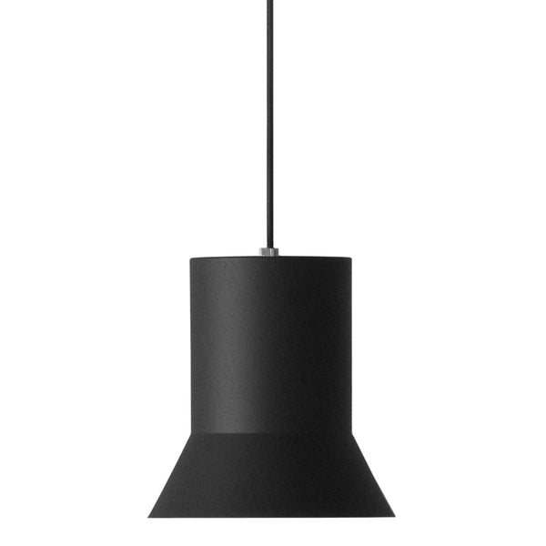 Sleek black pendant lamp with a modern cylindrical and conical design, perfect for contemporary spaces.