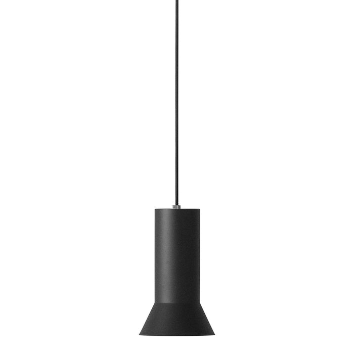 Sleek black pendant lamp with a modern cylindrical shape and flared base, perfect for contemporary decor.