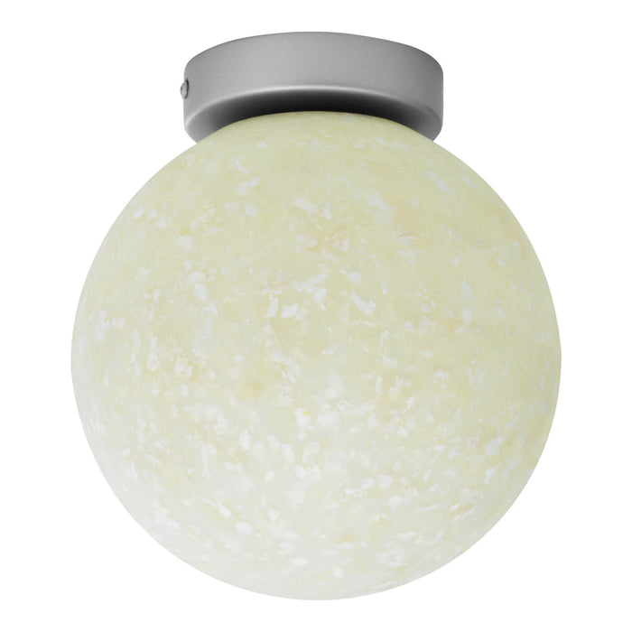 Round white glass ceiling light fixture with a marbled texture and sleek silver mount. Ideal for modern decor.