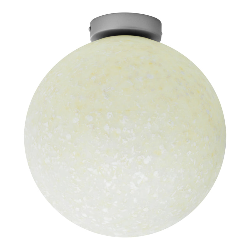 Round white ceiling lamp with a textured finish and subtle yellow speckles, topped with a sleek silver mount.