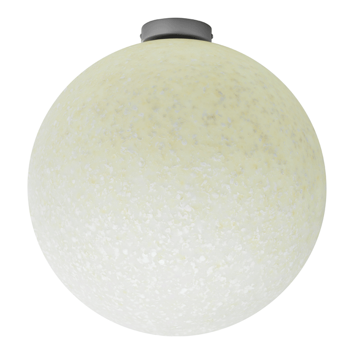 Round white glass light fixture with a frosted texture and subtle speckles, topped with a silver metal cap.