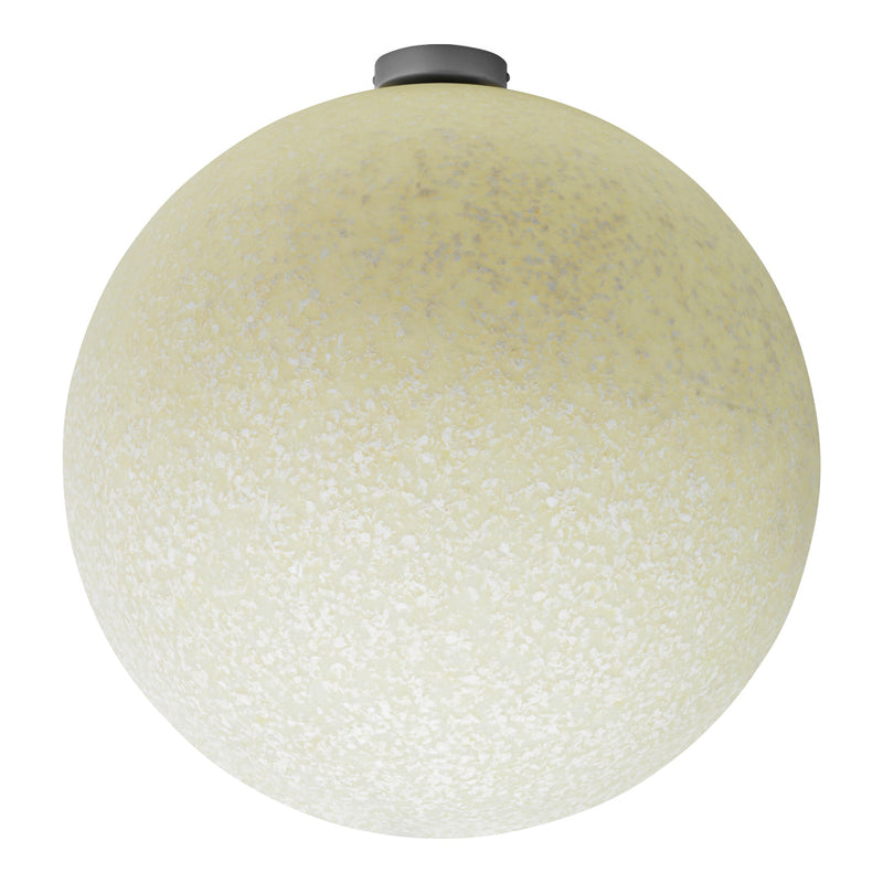 Round, white glass pendant light with a textured speckled pattern, ideal for modern decor.