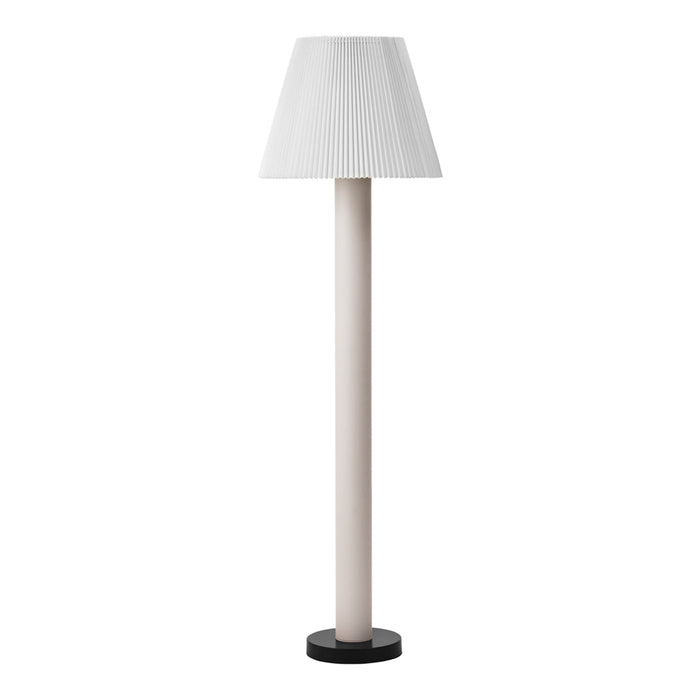 Modern floor lamp featuring a white pleated shade, light gray pole, and a black circular base. Perfect for any decor.