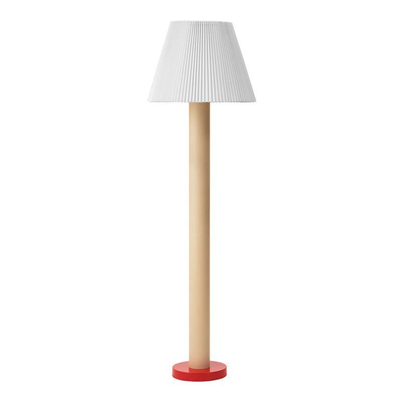 White pleated lampshade, natural wood pole, and a vibrant red base create a modern, stylish floor lamp design.