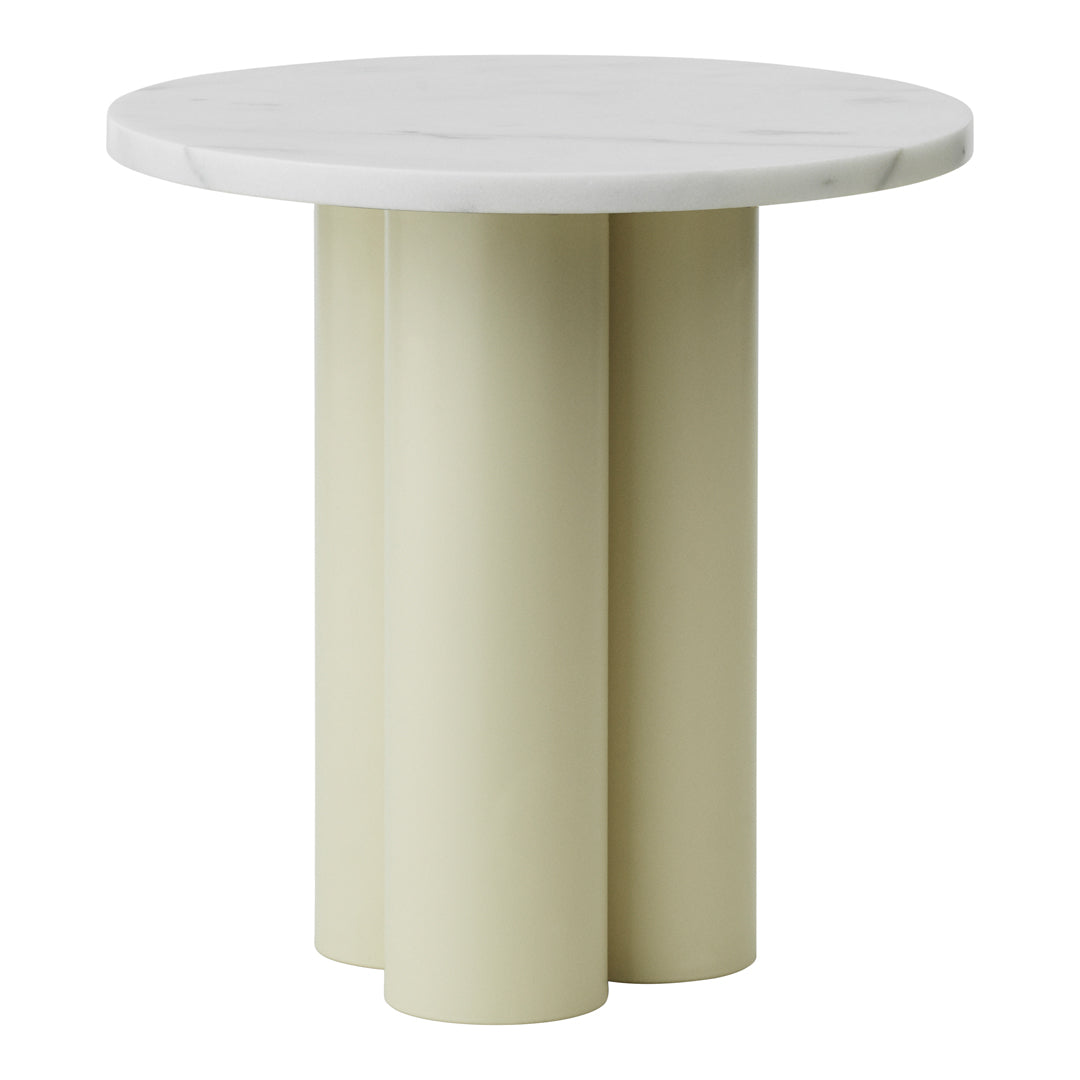 Round marble top table with minimalist design featuring soft beige cylindrical legs. Elegant and modern color palette.