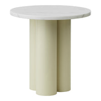 Round marble top table with minimalist design featuring soft beige cylindrical legs. Elegant and modern color palette.