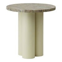 Round side table with a textured stone top and three cylindrical cream-colored legs. Modern design, neutral tones.