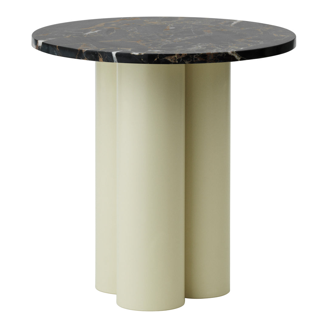 Round table with a black marble top and pale green cylindrical base, featuring a modern and stylish design.
