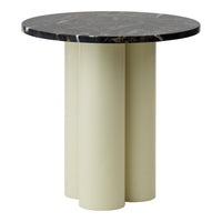 Round table with a black marble top and pale green cylindrical base, featuring a modern and stylish design.