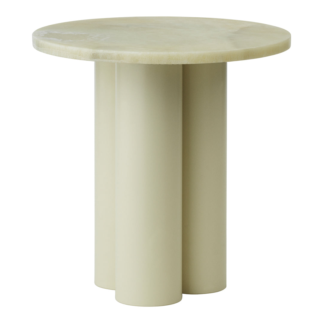 Beige round table with a smooth surface and three cylindrical legs, creating a modern, minimalist aesthetic.