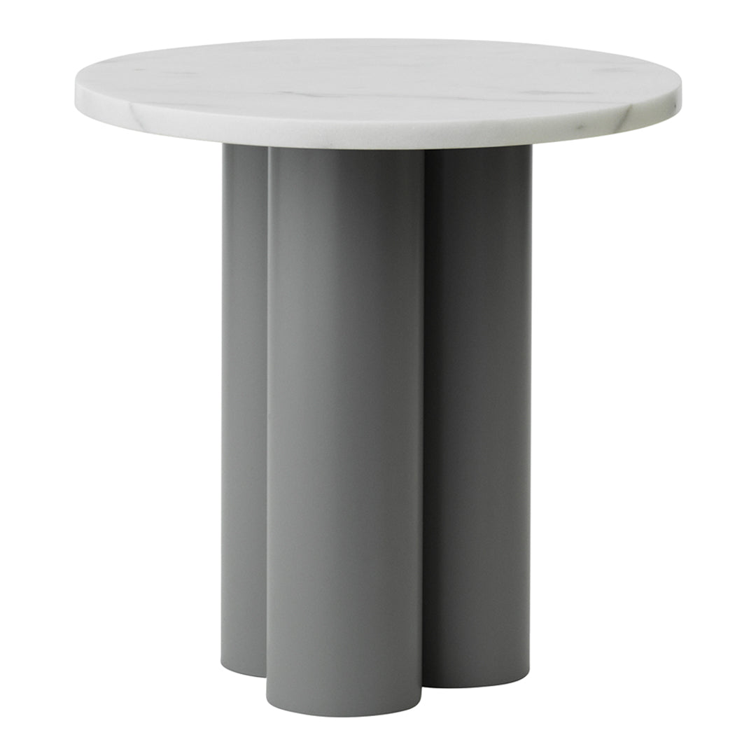 Round white marble tabletop with three sleek gray cylindrical legs. Modern design with a minimalist aesthetic.