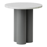 Round white marble tabletop with three sleek gray cylindrical legs. Modern design with a minimalist aesthetic.