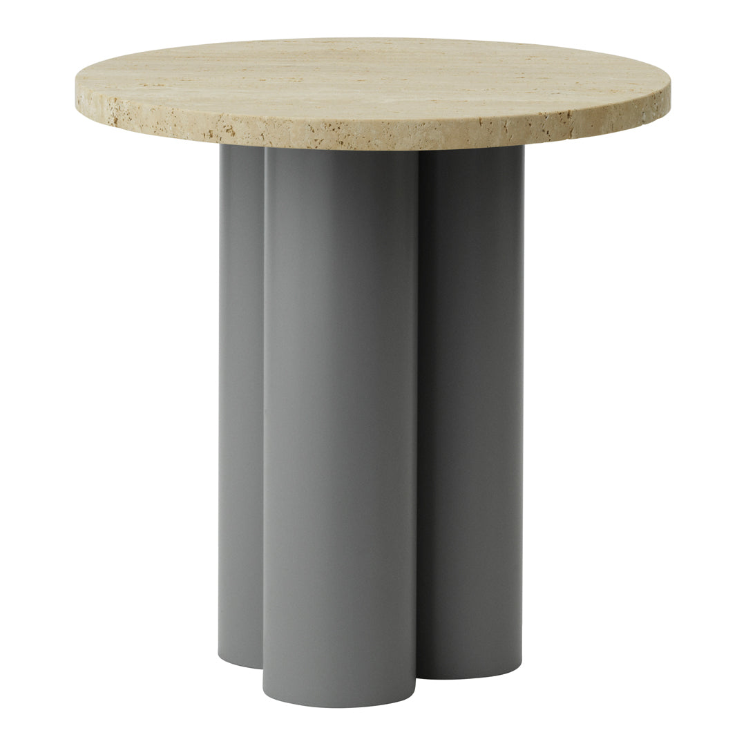 Round table with a beige stone top and three sleek gray cylindrical legs. Modern and minimalist design.