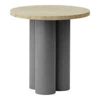 Round table with a beige stone top and three sleek gray cylindrical legs. Modern and minimalist design.