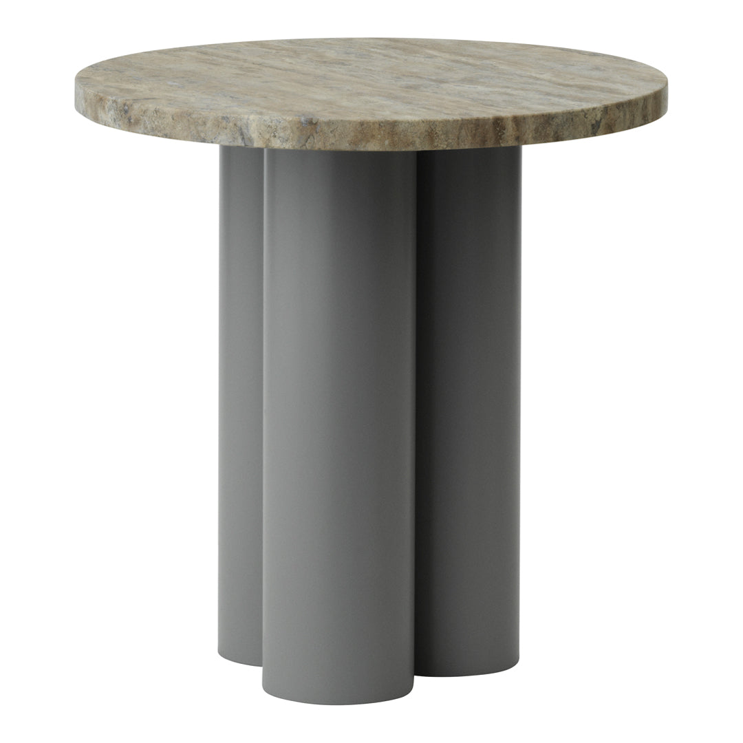 Round table with a natural stone top and three sleek gray cylindrical legs. Modern and minimalistic design.